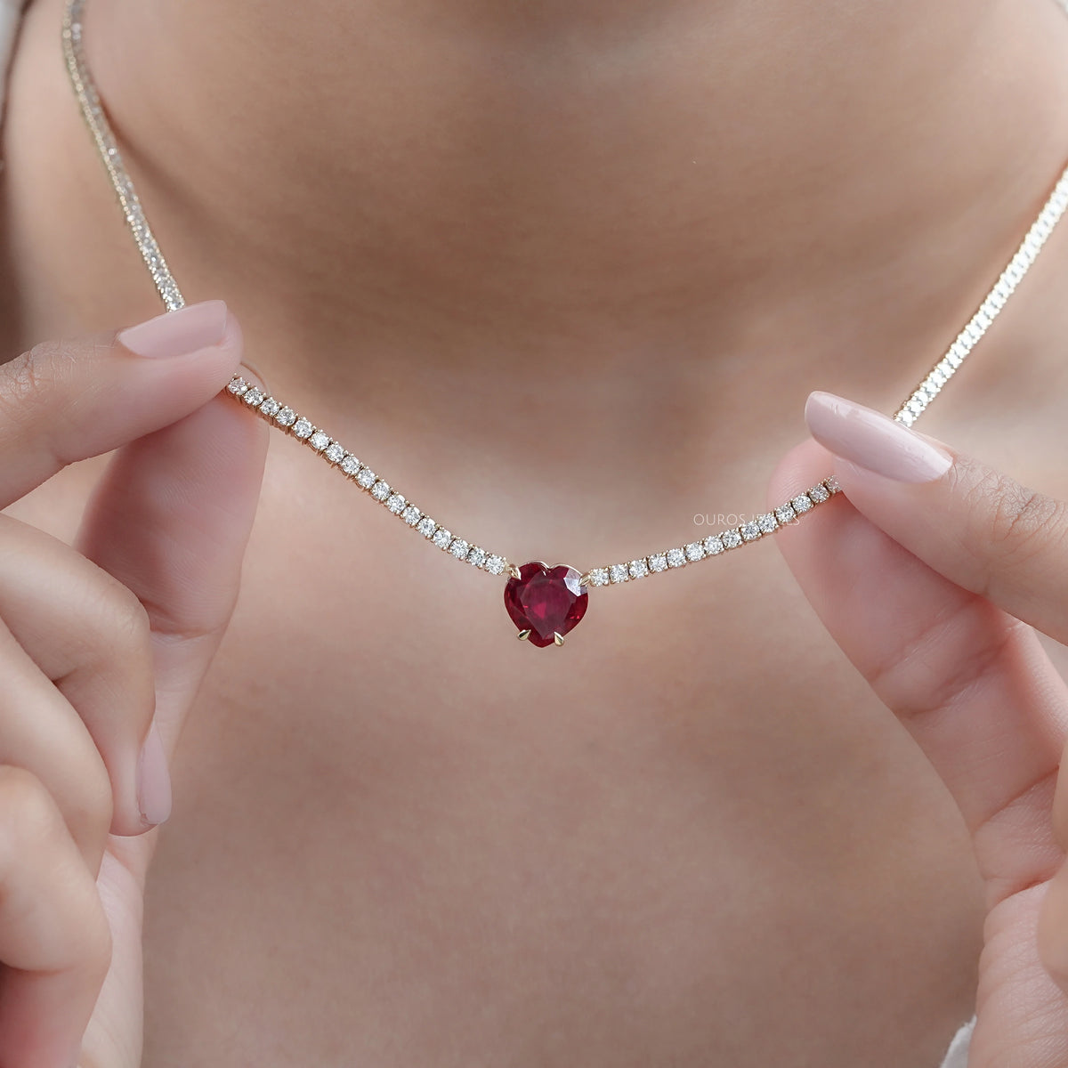 Ruby Heart And Round Diamond Tennis Necklace Necklaces