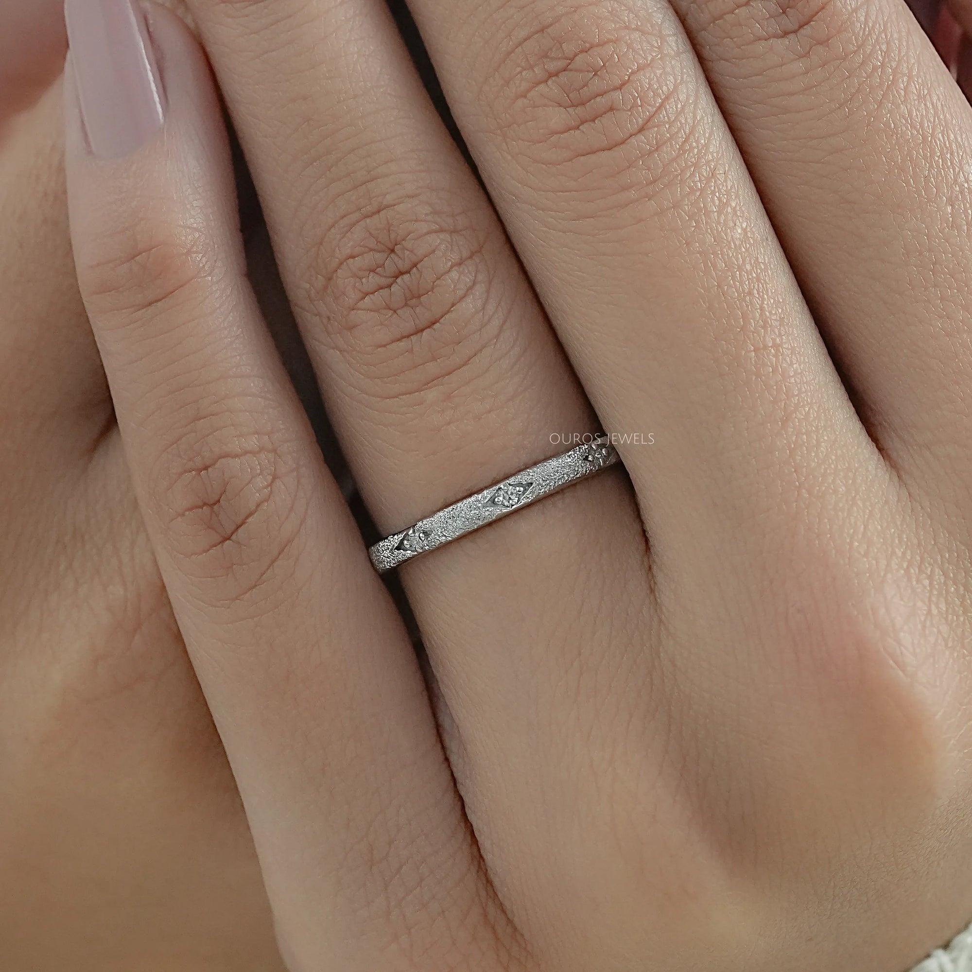 Textured Finish Dainty Diamond Wedding Band Ring