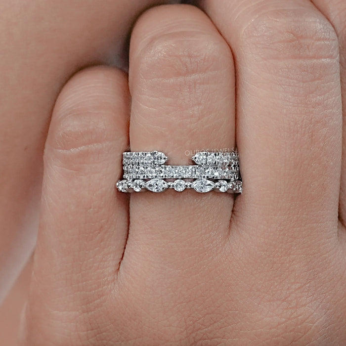 Three Row Round and Marquise Cut Half Eternity Band Rings