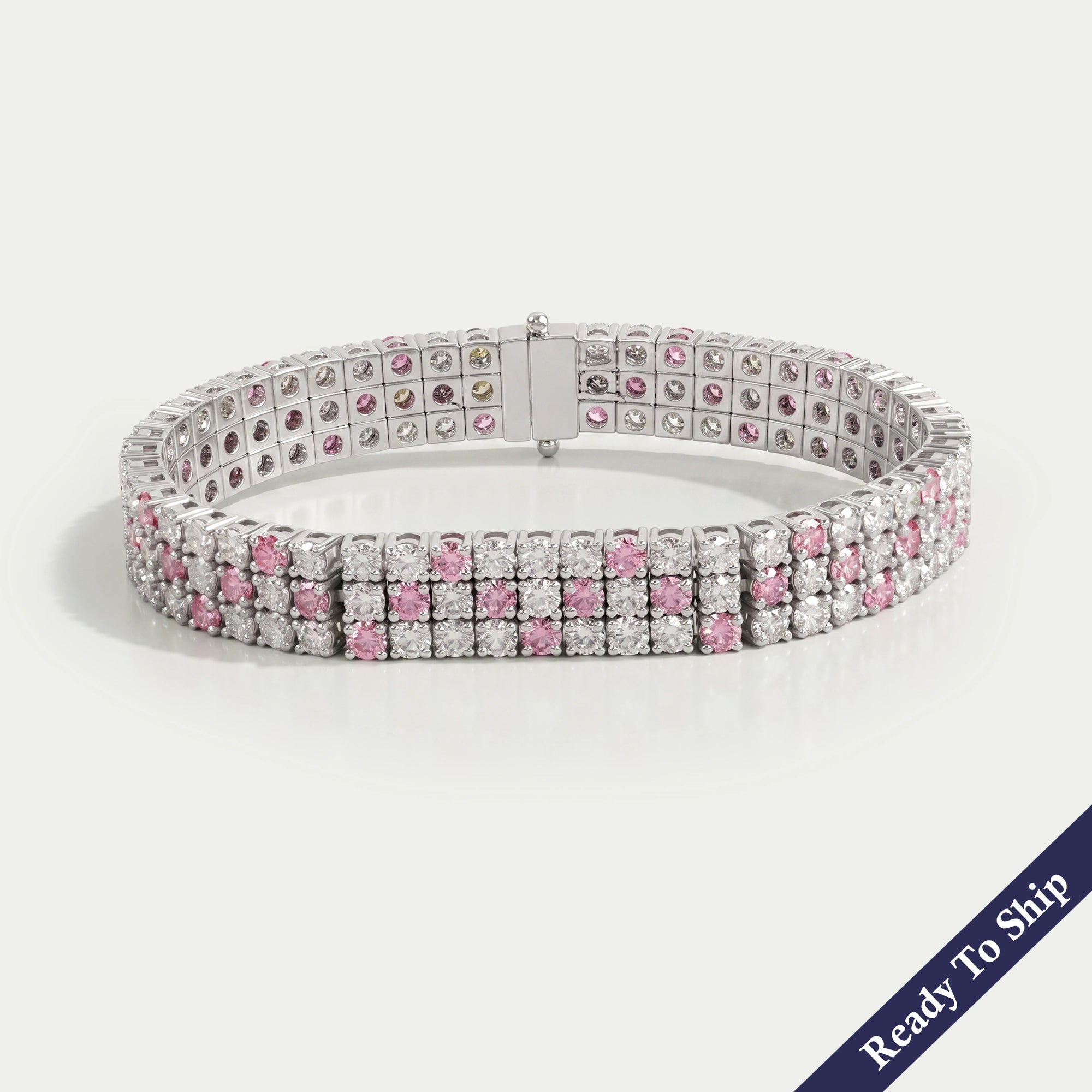 Three Row Pink Round Diamond Tennis Bracelet Bracelet