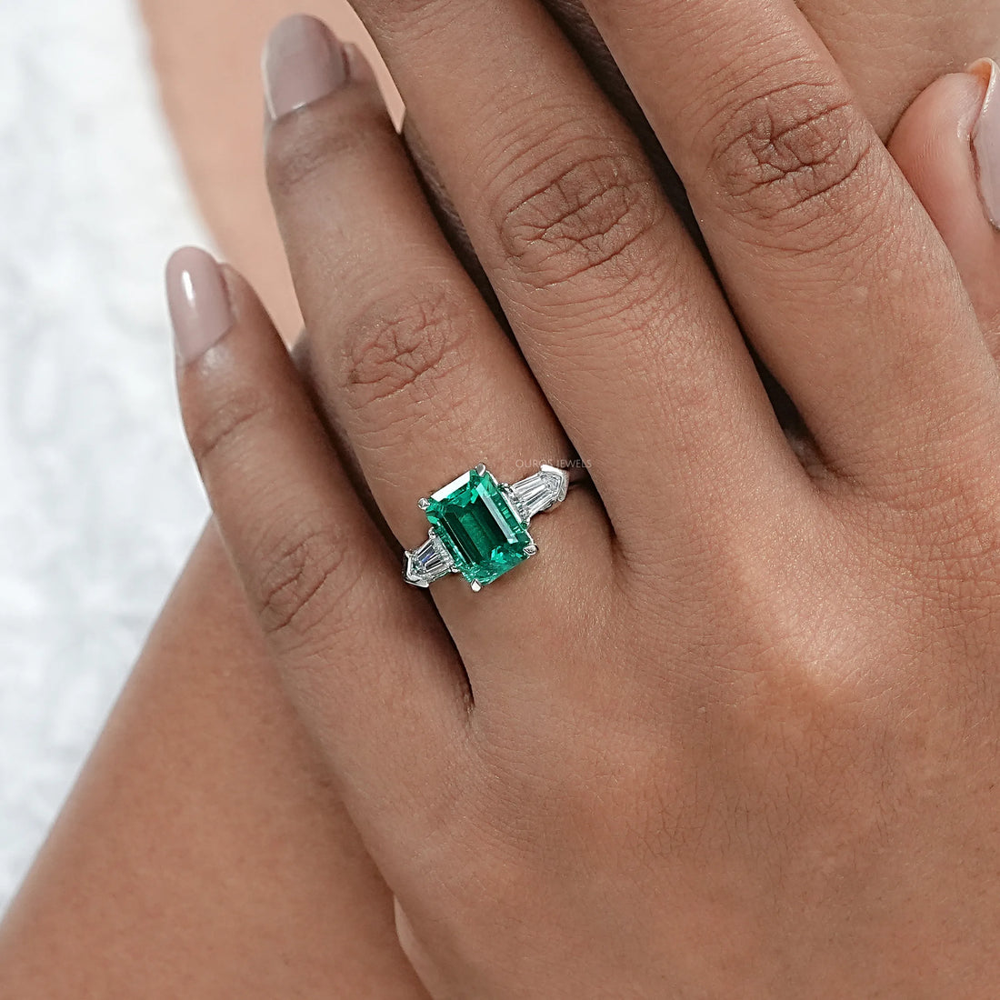 Three-Stone Emerald And Bullet Cut Diamond Ring Ring