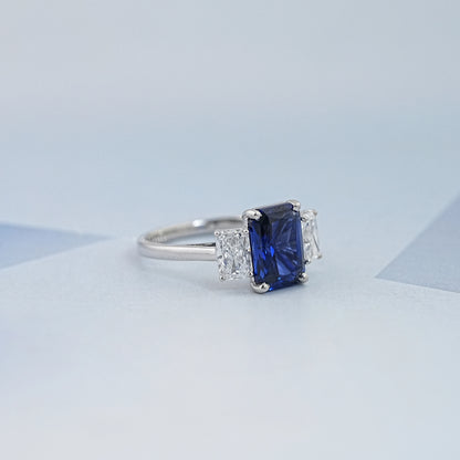 Sapphire Radiant And Lab Diamond Three Stone Ring Ring