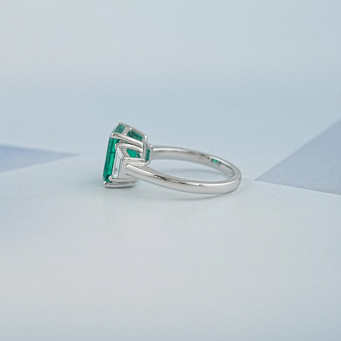 Green Emerald Cut With Trapezoid Diamond Ring Ring