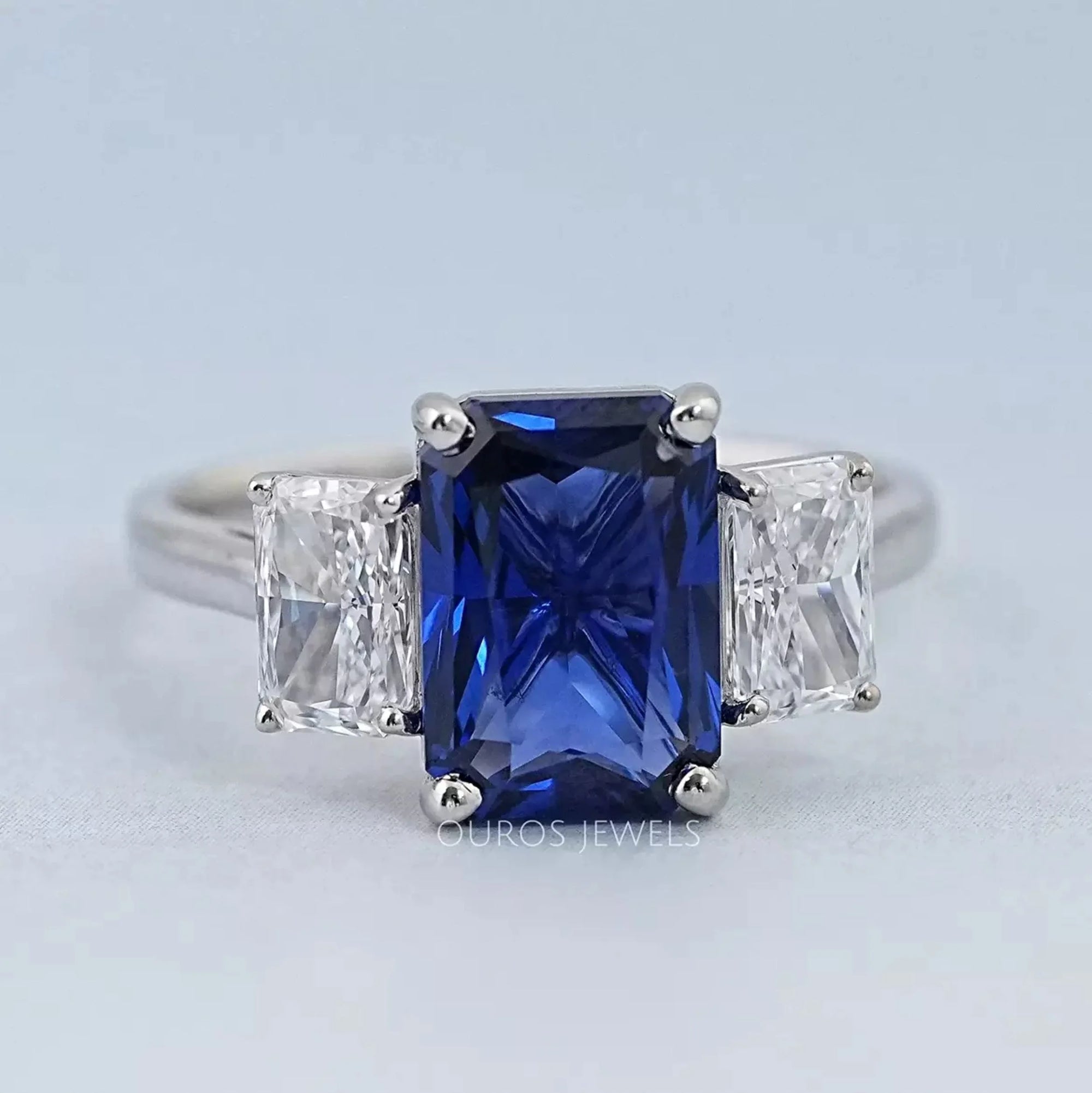 Sapphire Radiant And Lab Diamond Three Stone Ring Ring