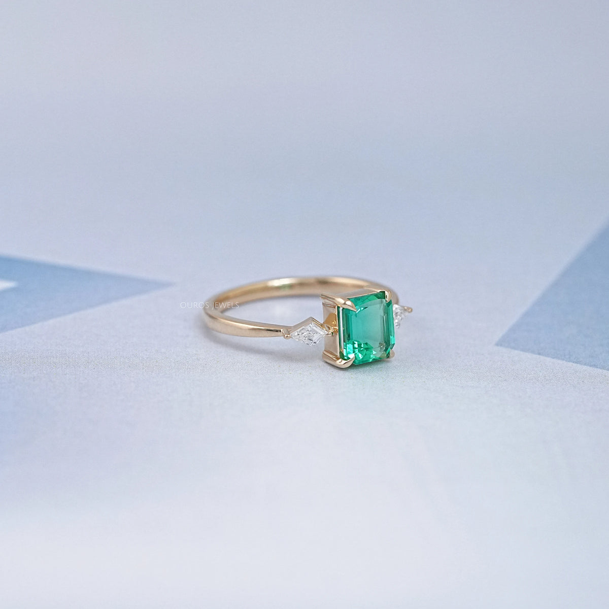 Emerald Gemstone And Kite Cut Three Stone Engagement Ring Rings
