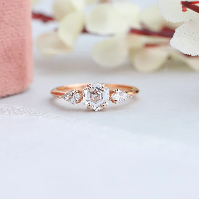 Three Stone Hexagon Cut Diamond Engagement Ring