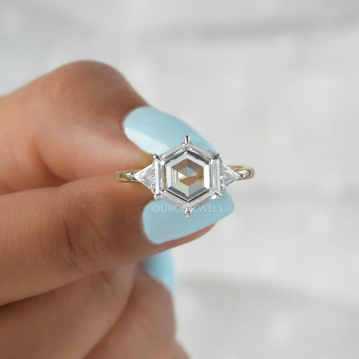 Step Cut Hexagon Shape  Lab Diamond Three Stone Ring