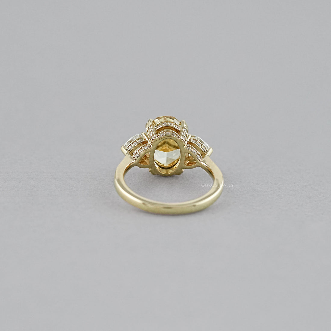 Fancy Vivid Yellow Oval Cut Hidden Halo Three Stone Ring Ring