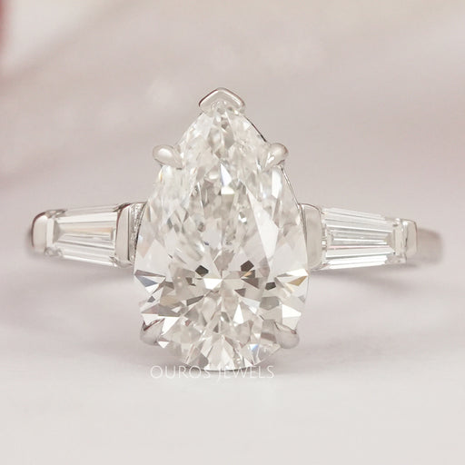 Three Stone Pear Diamond Engagement Ring - With Tapered Baguettes Rings