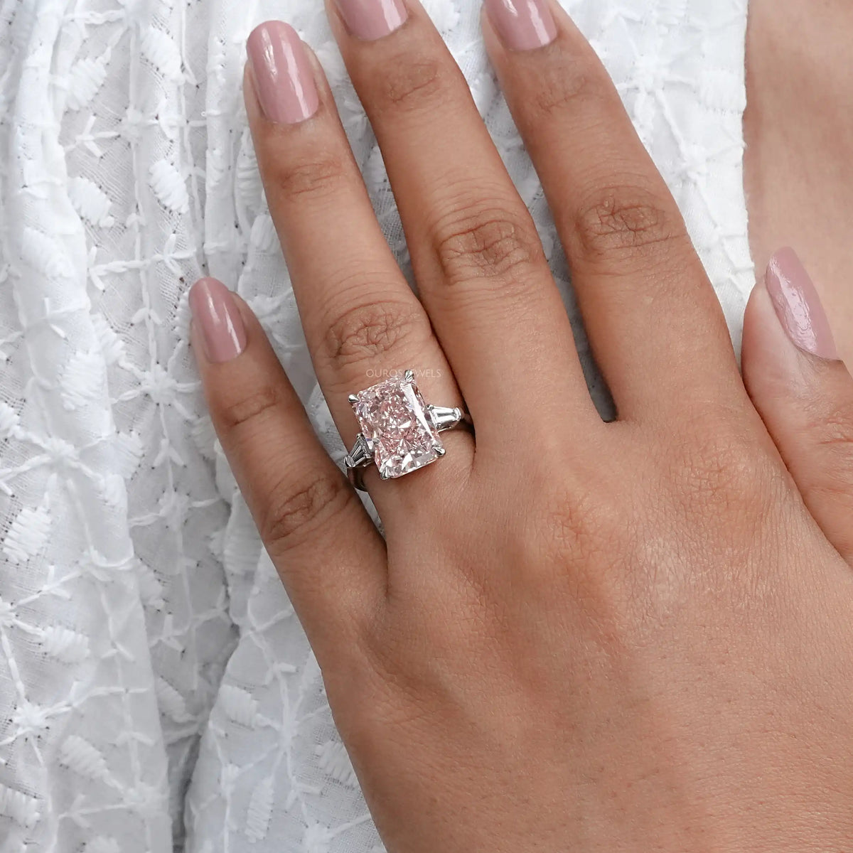 Pink Radiant Cut Lab Diamond Three Stone Ring Ring