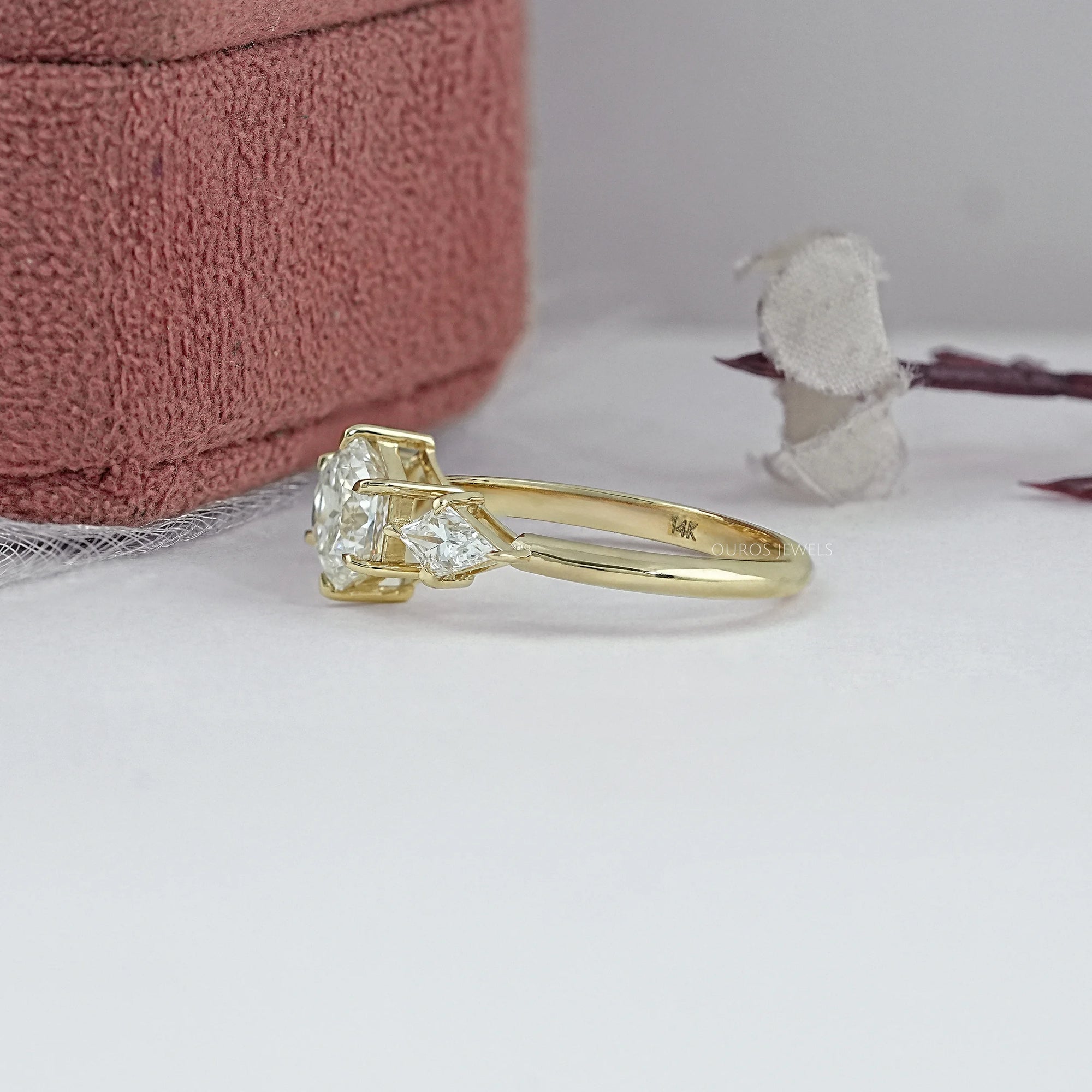 Three Stone Hexagon Cut Diamond Engagement Ring