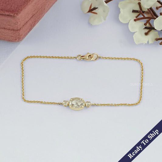 Three Stone Rose Cut Oval Bezel Chain Bracelet Bracelet