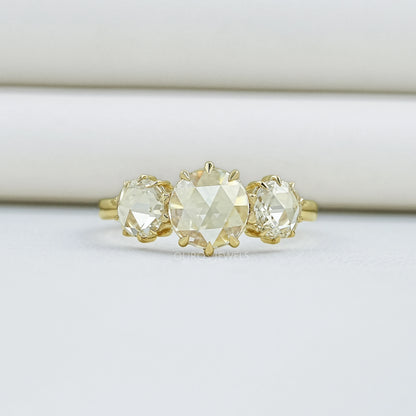 Three Stone Rose Cut Round Engagement Ring Ring