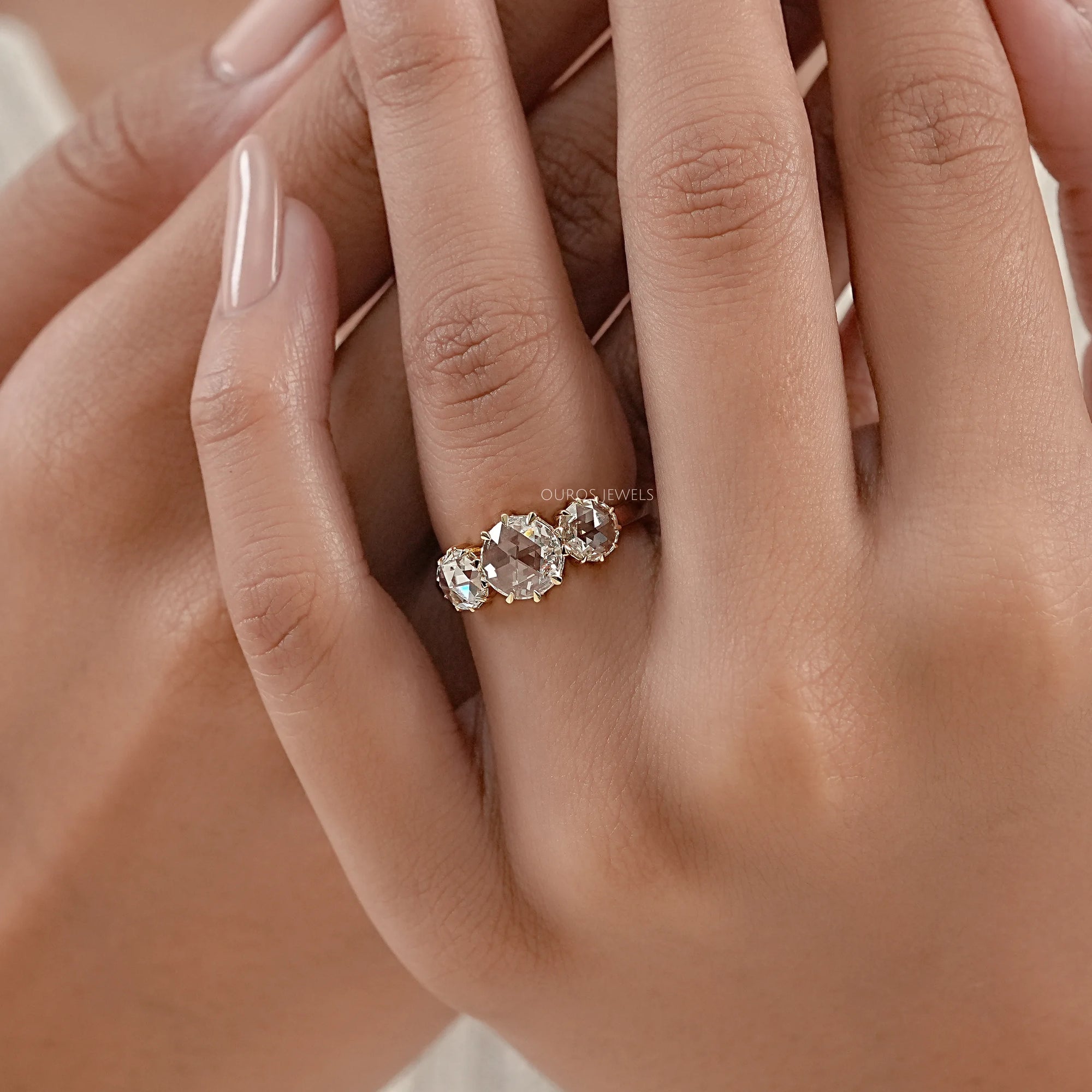 Three Stone Rose Cut Round Engagement Ring