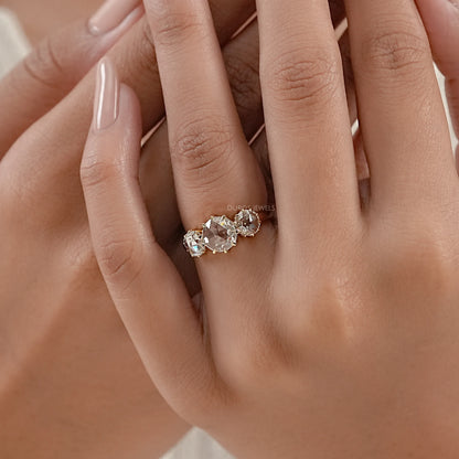 Three Stone Rose Cut Round Engagement Ring