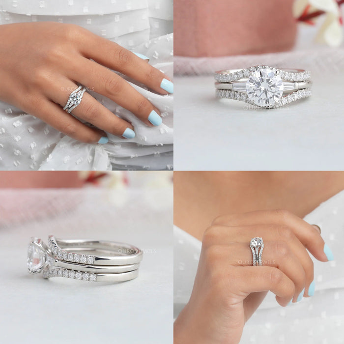 [Collage of Round Cut Lab Diamond 3 Piece Wedding Ring Set in 18k Platinum]-[Ouros Jewels]