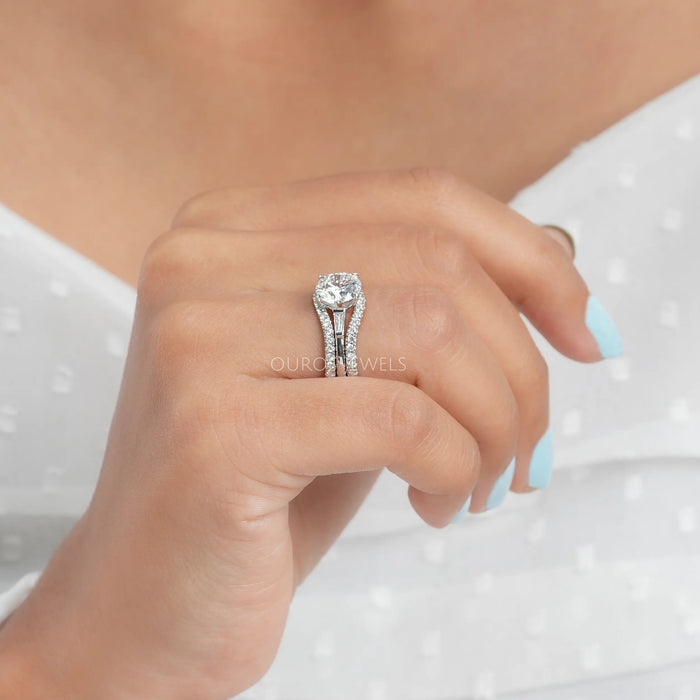 [A Women wearing Three Round Cut Bridal Ring Set]-[Ouros Jewels]