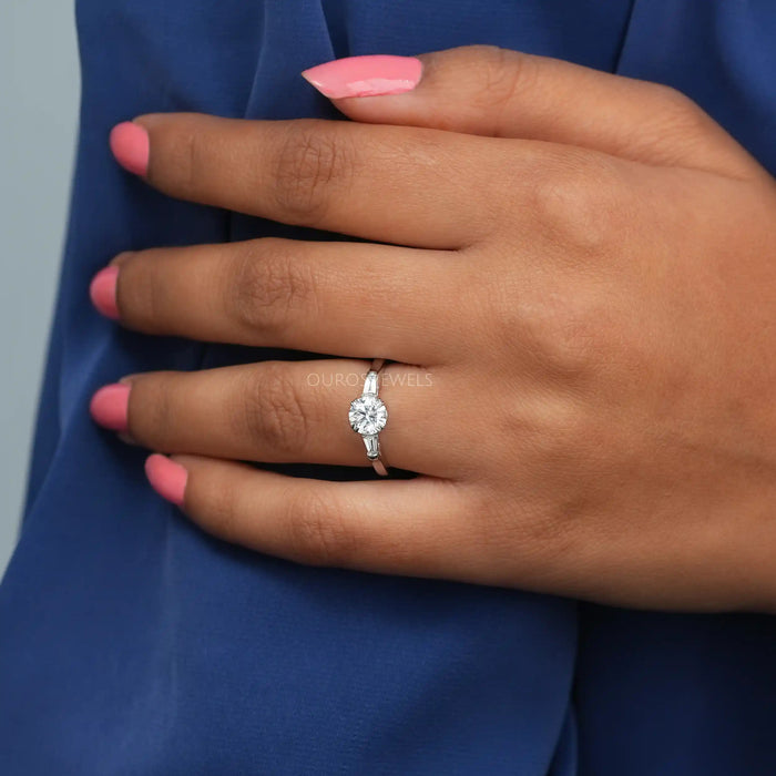 [A Women wearing Three Stone Lab Diamond  Engagement Ring]-[Ouros Jewels]
