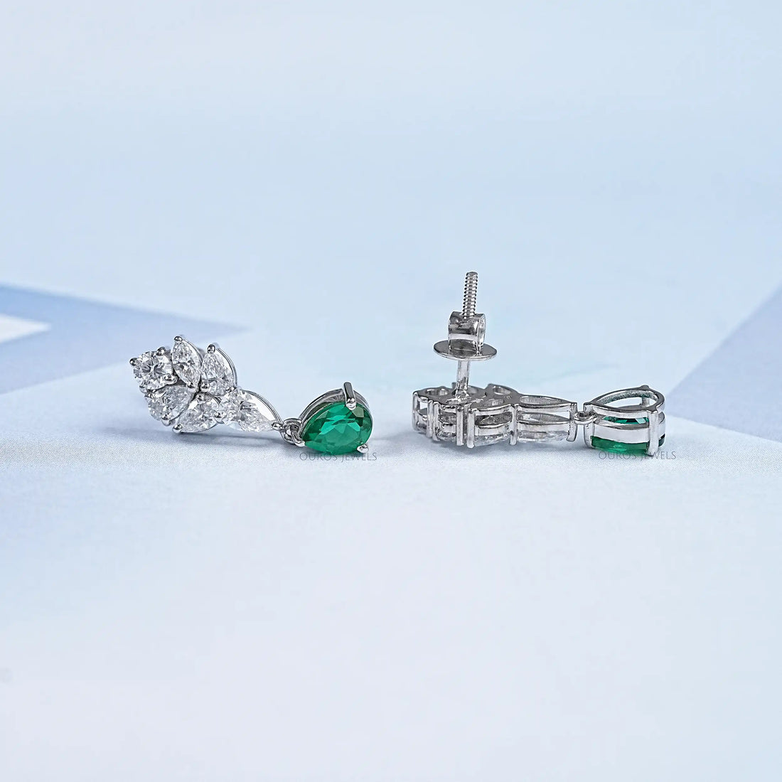 Emerald With Diamond Cluster Pear Drop Earrings Earring