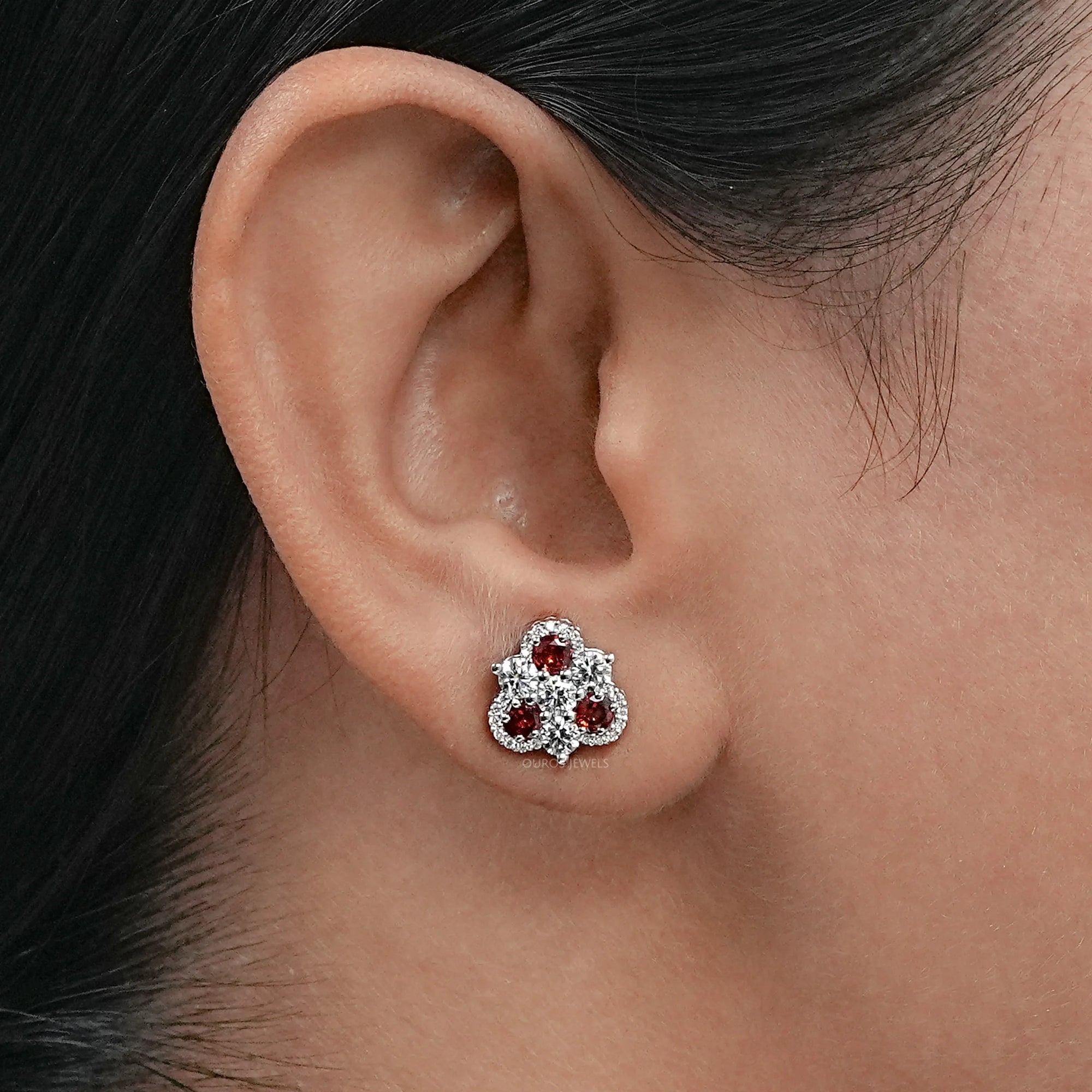 Red Ruby Three Stone Stud Earring