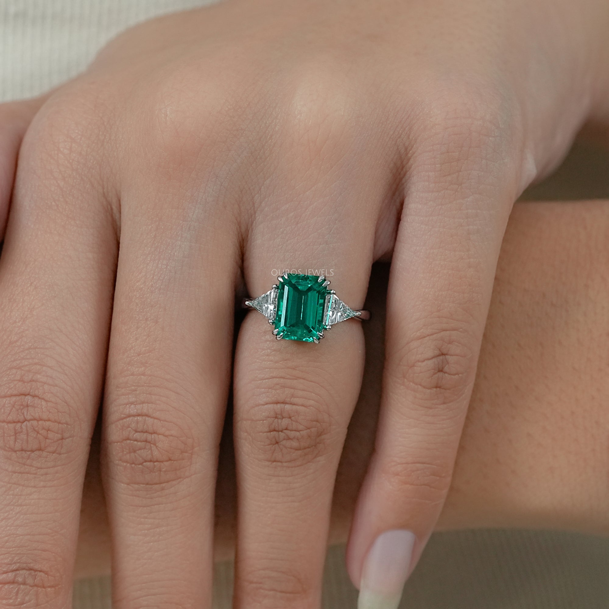 Emerald And Triangle Cut Trio Engagement Ring
