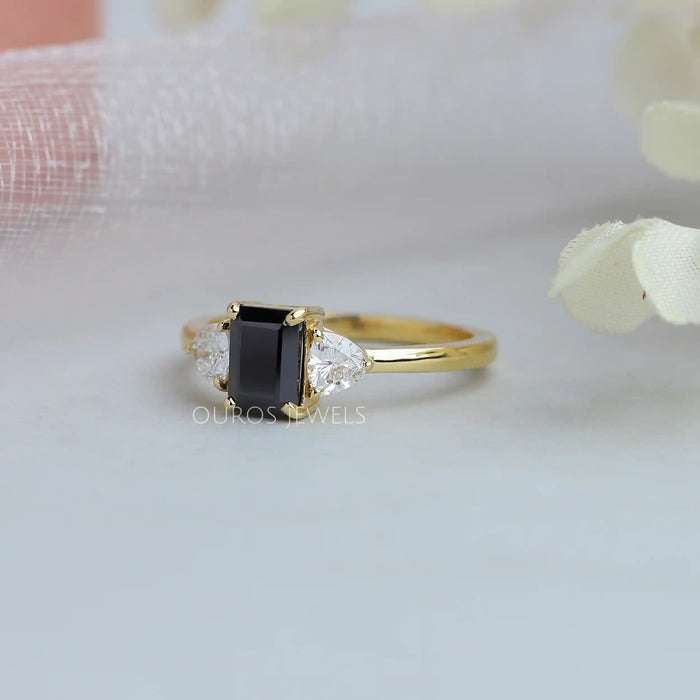 [Emerald Cut Three Stone Ring With Side Stone Trillian Cut]-[Ouros Jewels]