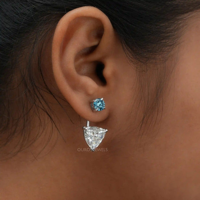 [A Women wearing Trillion Cut Jacket Earrings]-[Ouros Jewels]