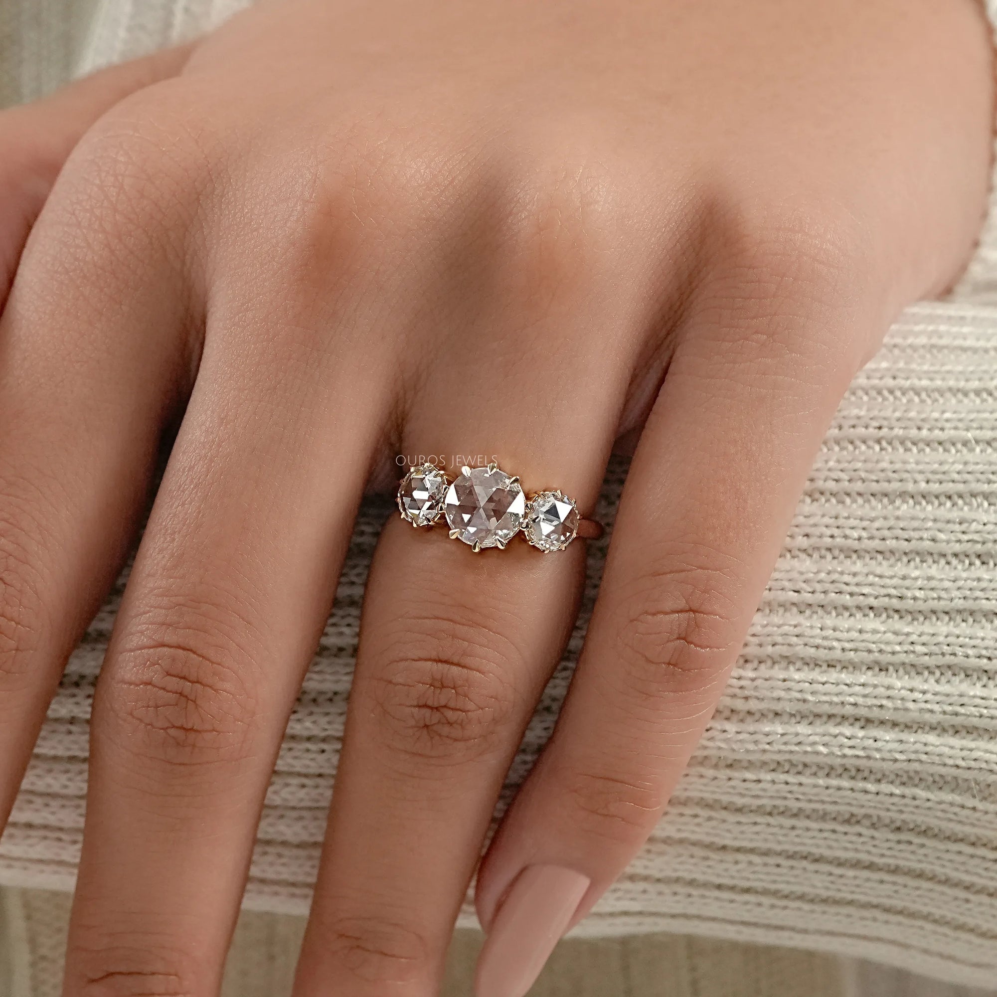 Three Stone Rose Cut Round Engagement Ring