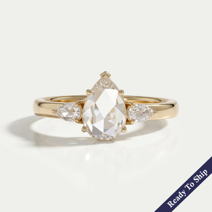 Three Stone Rose Cut Pear Diamond Engagement Ring
