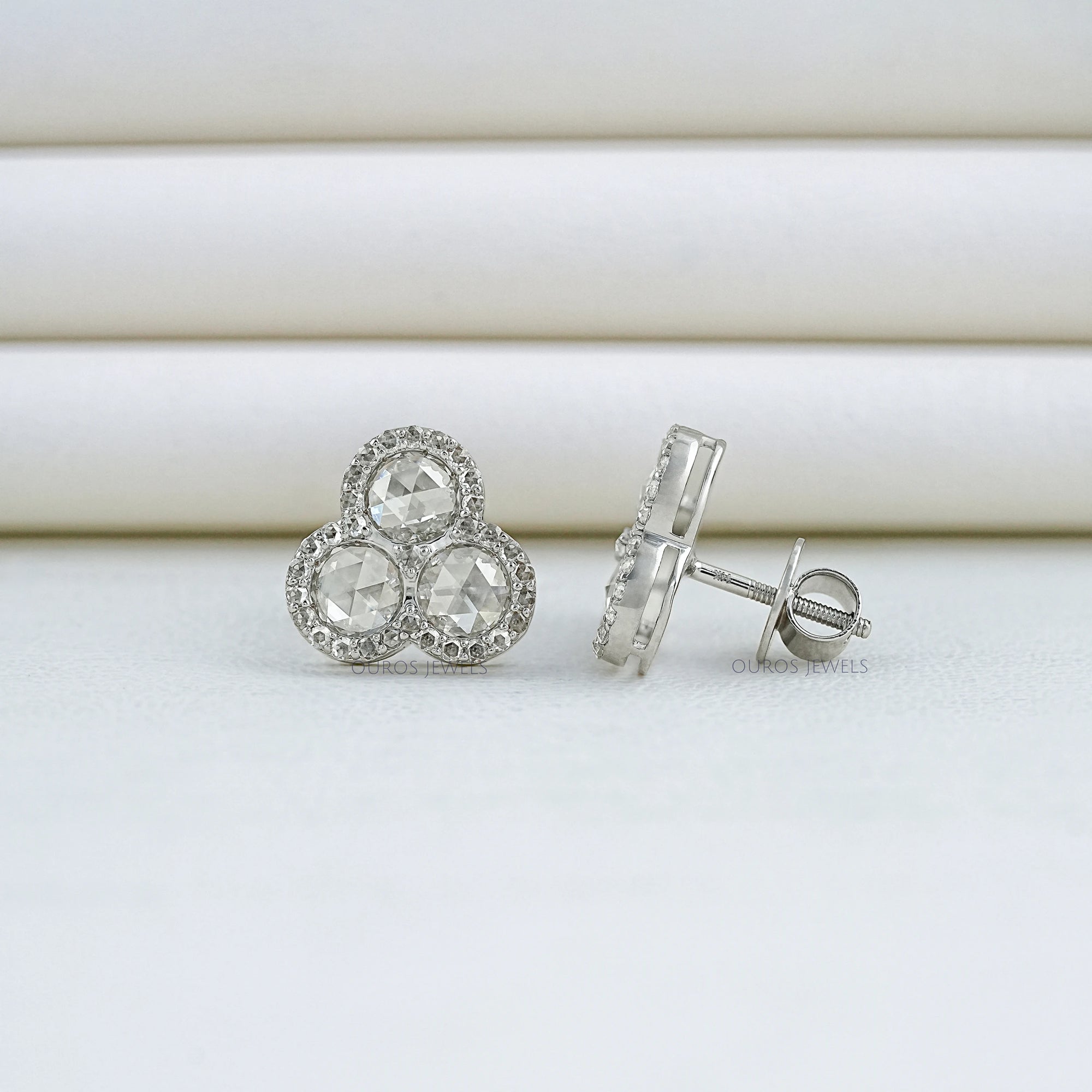 Trio Rose Cut Round Diamond Halo Stud Earrings Earring