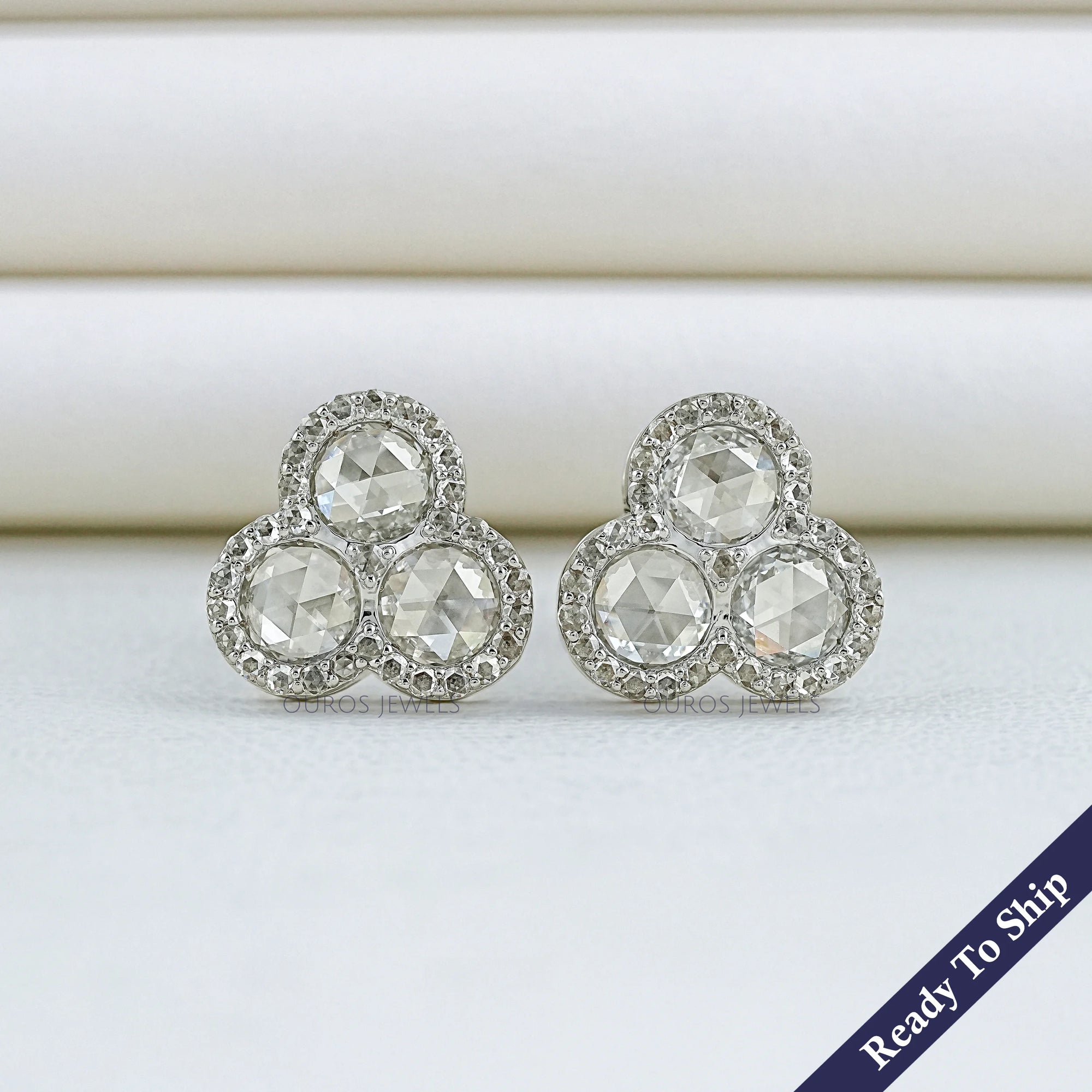 Trio Rose Cut Round Diamond Halo Stud Earrings