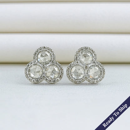 Trio Rose Cut Round Diamond Halo Stud Earrings