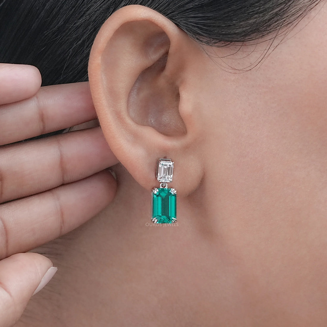 Two Stone Green Emerald Gemstone Drop Earrings Earrings