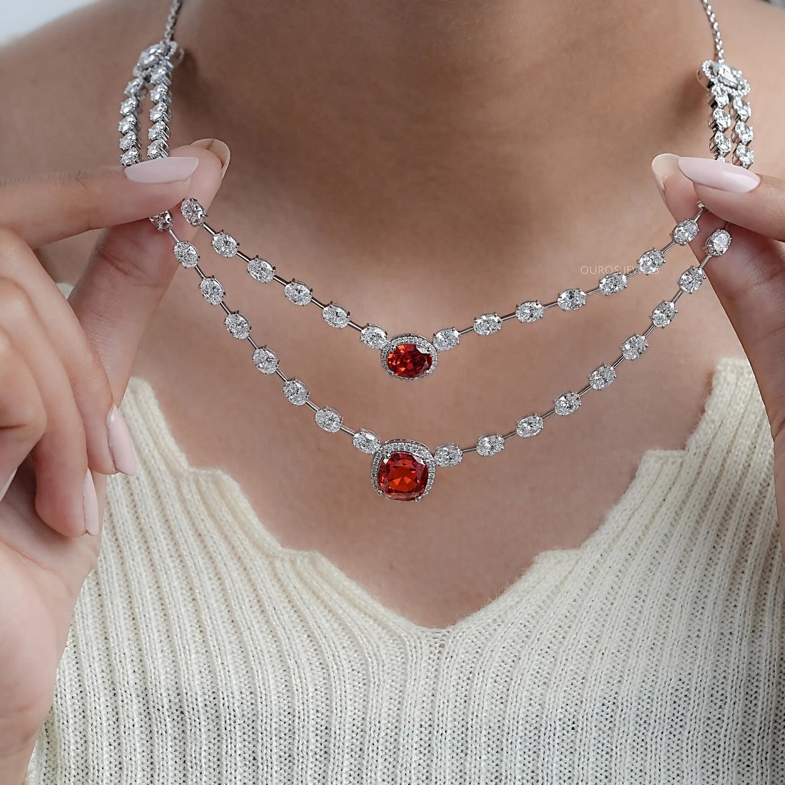 Double Layer Ruby Cushion And Oval Halo Tennis Necklace Necklaces