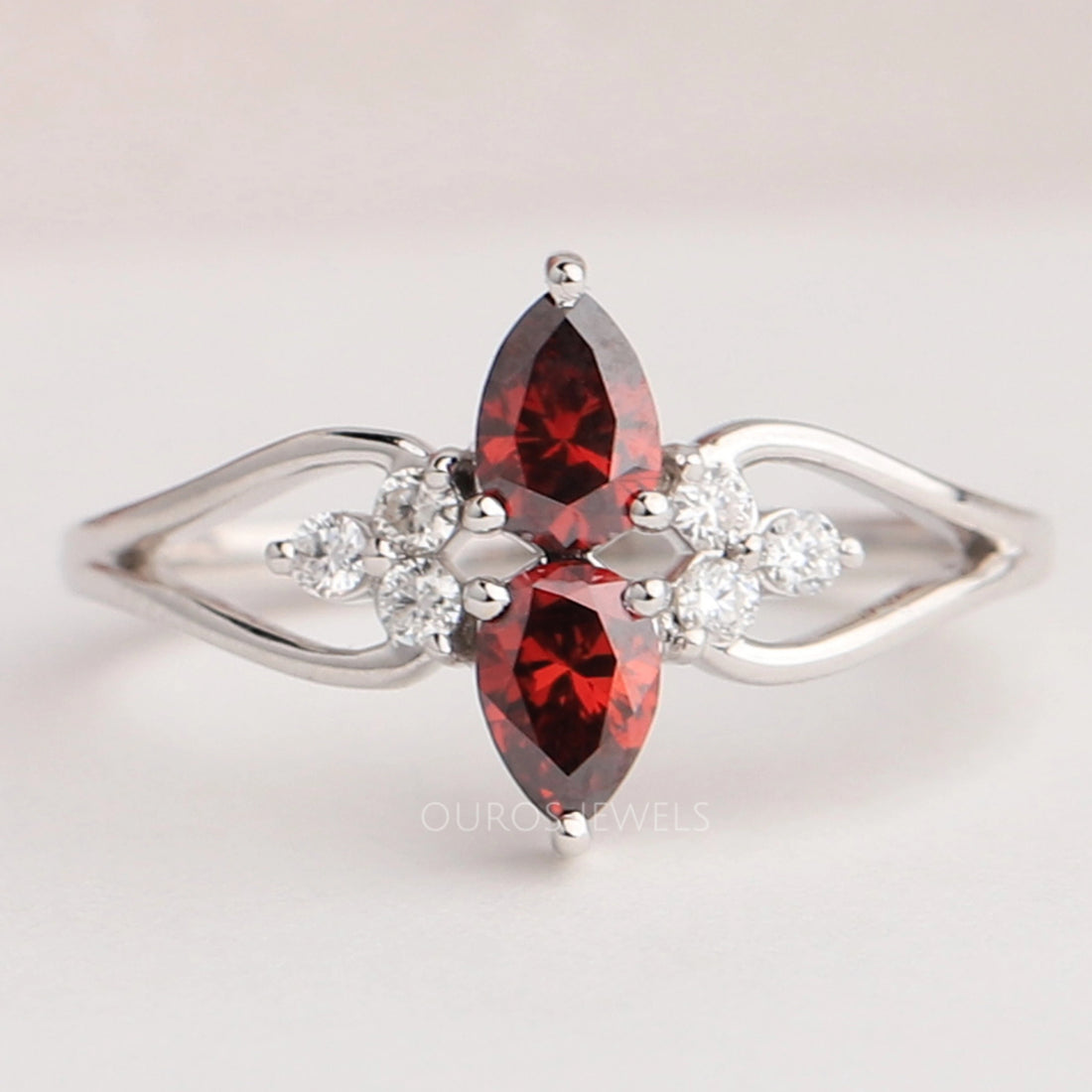 Two Stone Red Pear Diamond Dainty Ring