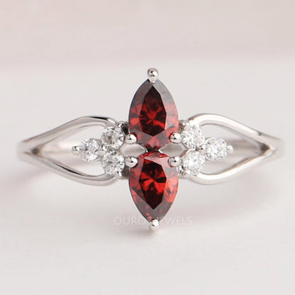Two Stone Red Pear Diamond Dainty Ring