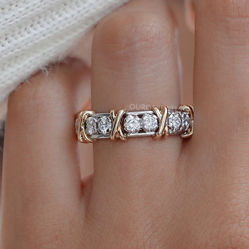 Two Tone Round Diamond Crossover Eternity Wedding Band Rings