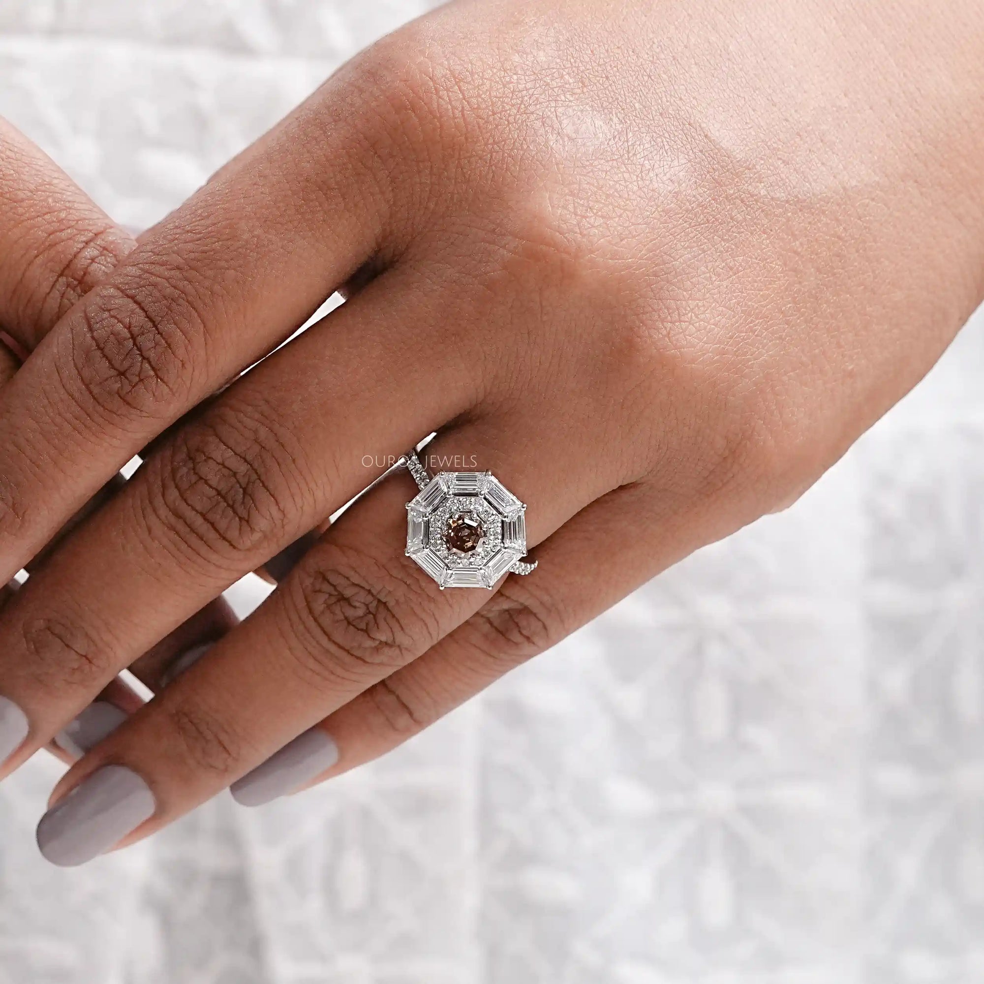 Octagon Champagne Diamond Double Halo Ring Rings