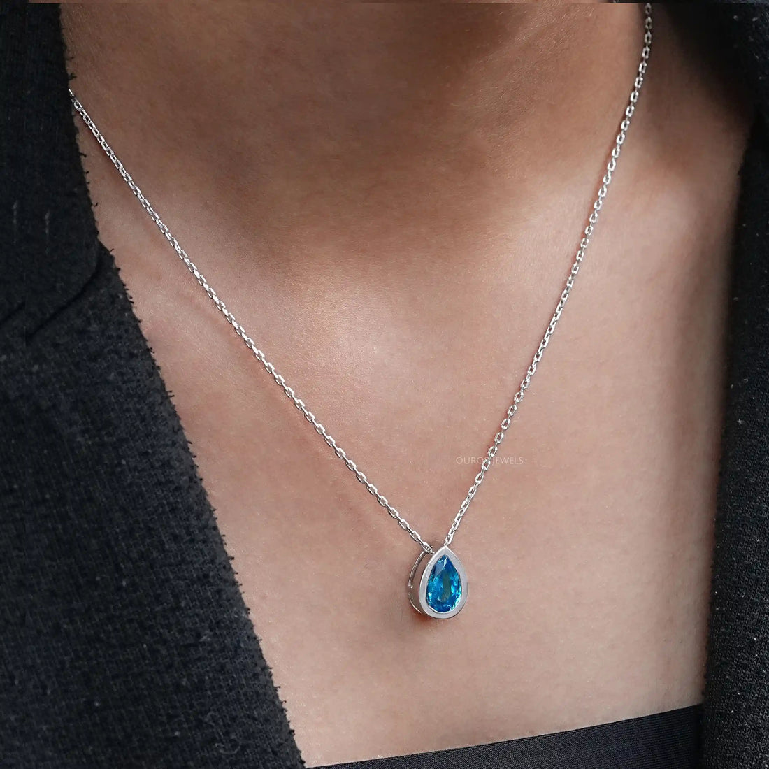 Aqua Blue Pear Gemstone Bezel Set Solitaire Pendant Necklaces