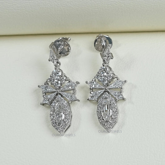 Step Cut Oval Diamond Cluster Dangle Drop Earrings