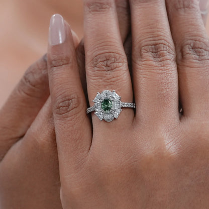 Green Oval Cut Half Moon Halo Engagement Ring Rings