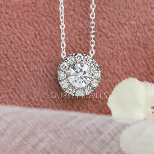 White Gold Halo Round Diamond Pendant Necklaces