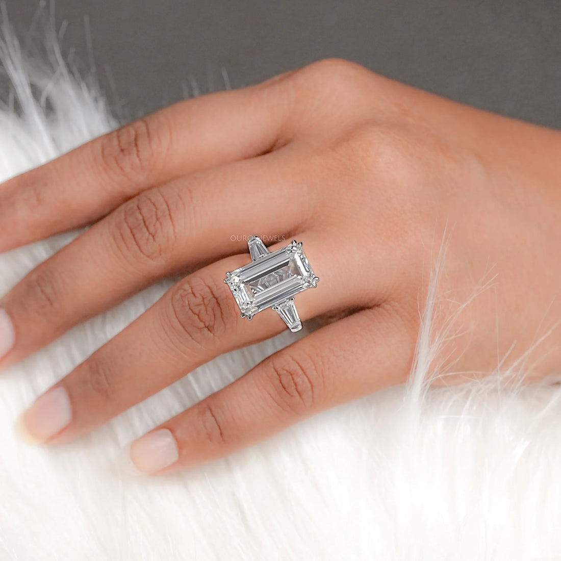 Emerald Three Stone Engagement Ring - Tapered Baguette Rings