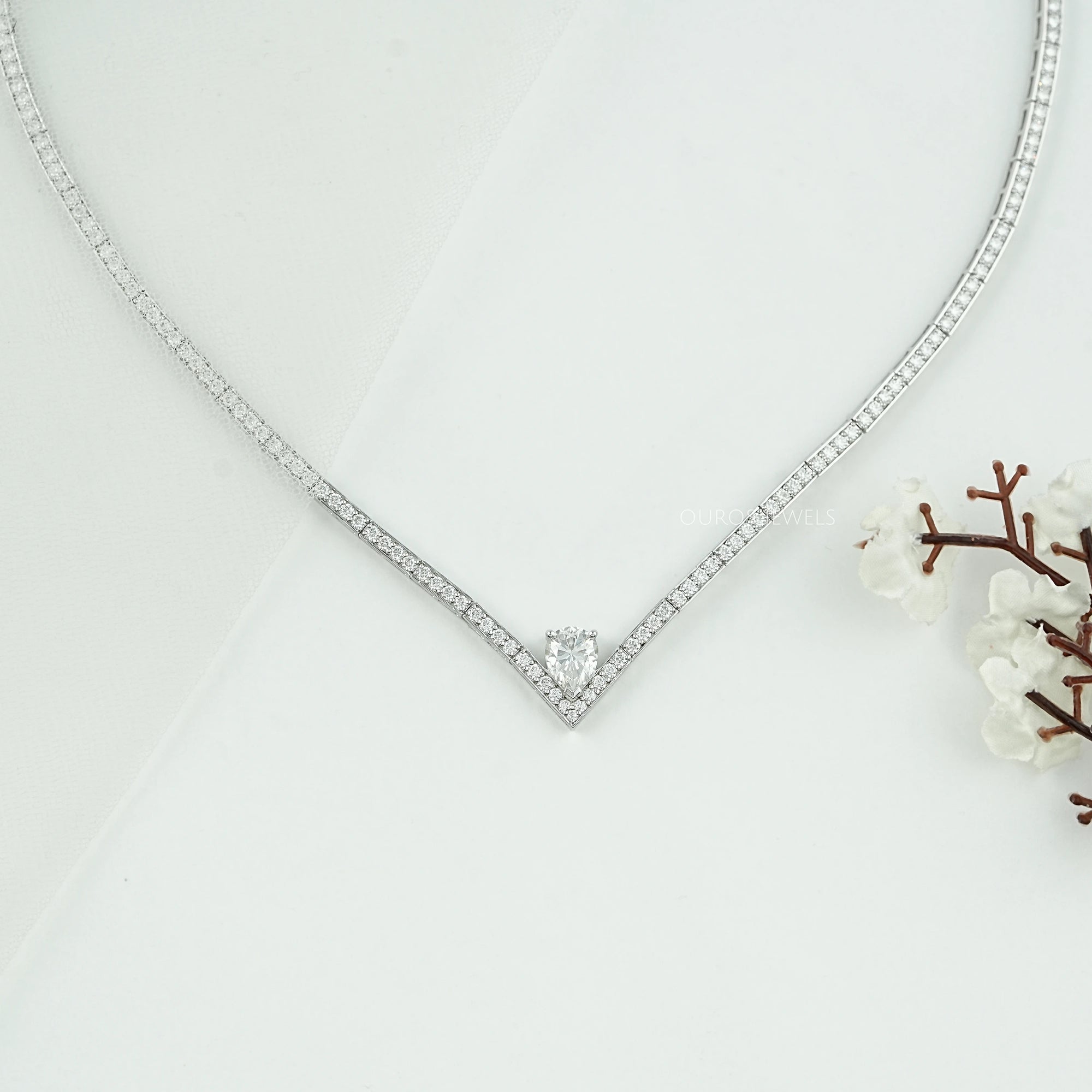 V - Shape Pear Diamond Drop Tennis Neckalce