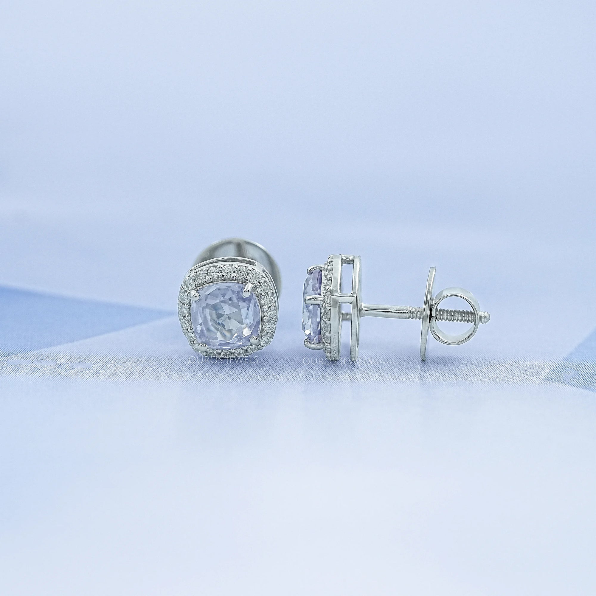 Light Purple Square Cushion Halo Stud Earrings