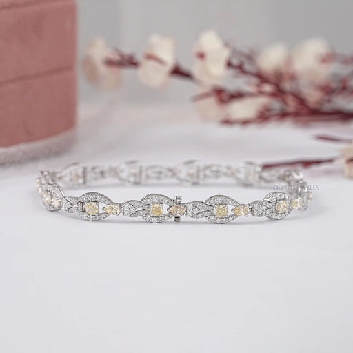 Yellow Cushion Lab Diamond Halo Link Tennis Bracelet Bracelet