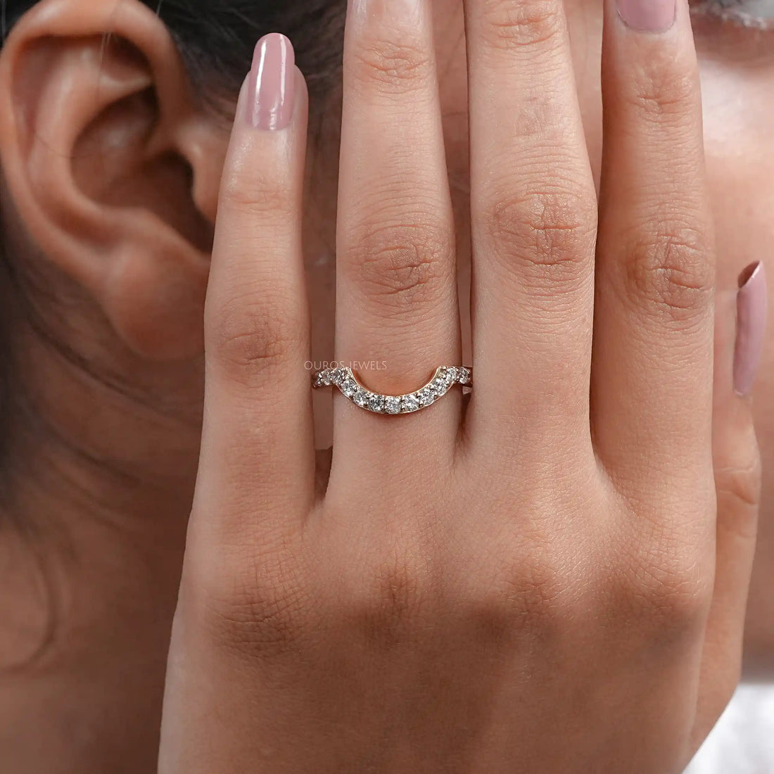 Pave Set Round Cut Diamond Deep Curved Wedding Band Rings