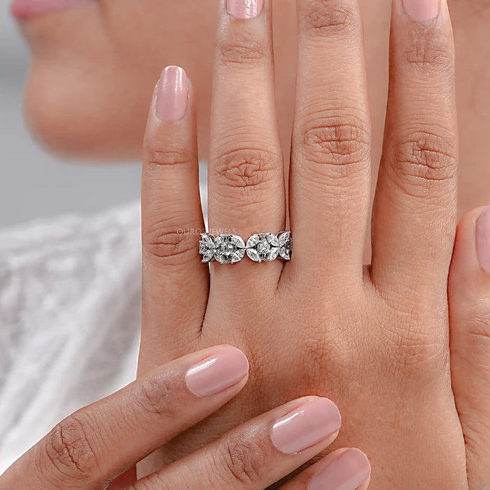 Marquise And Round Cut Diamond Flower Wedding Band Rings