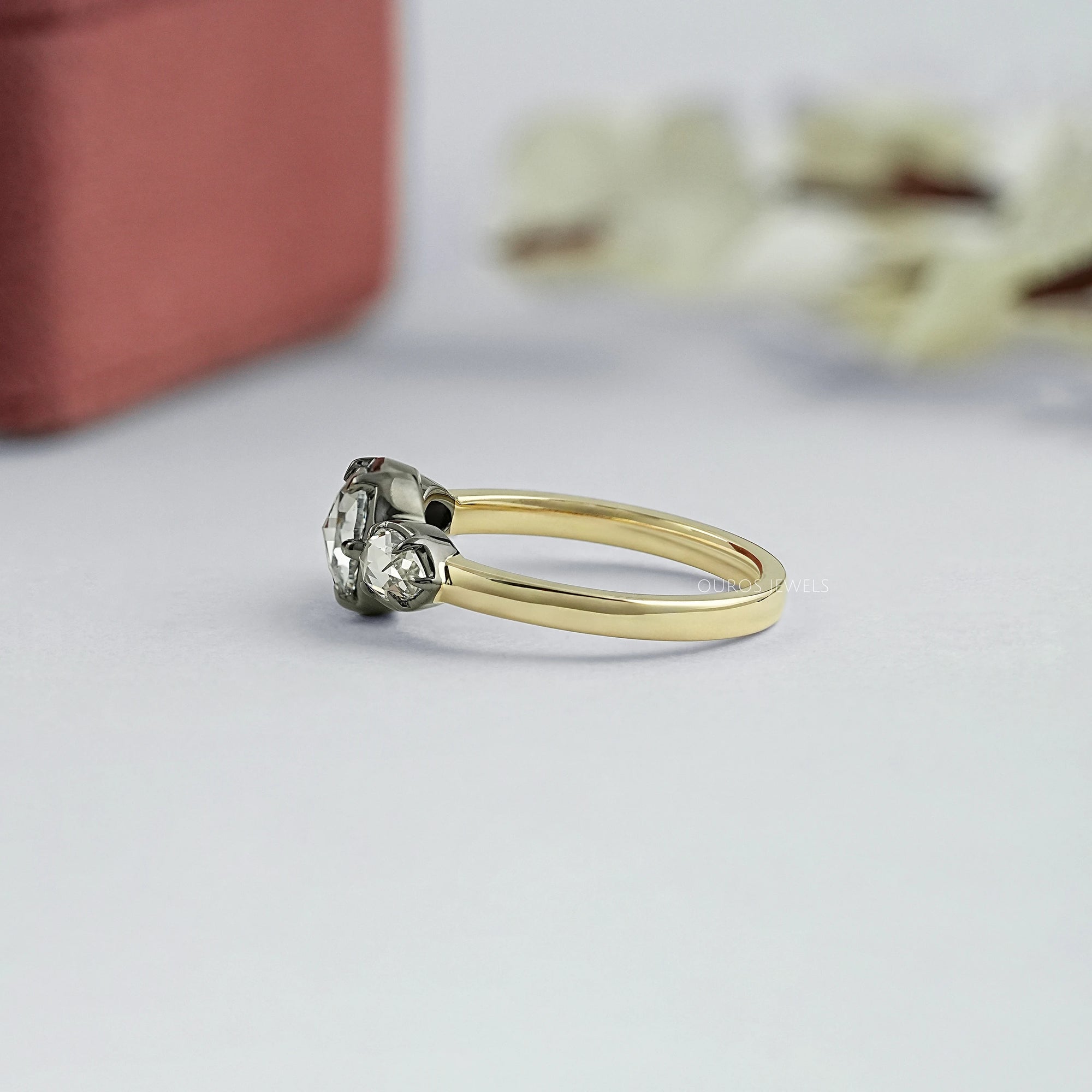 Rose Cut Round And Pear Diamond Engagement Ring