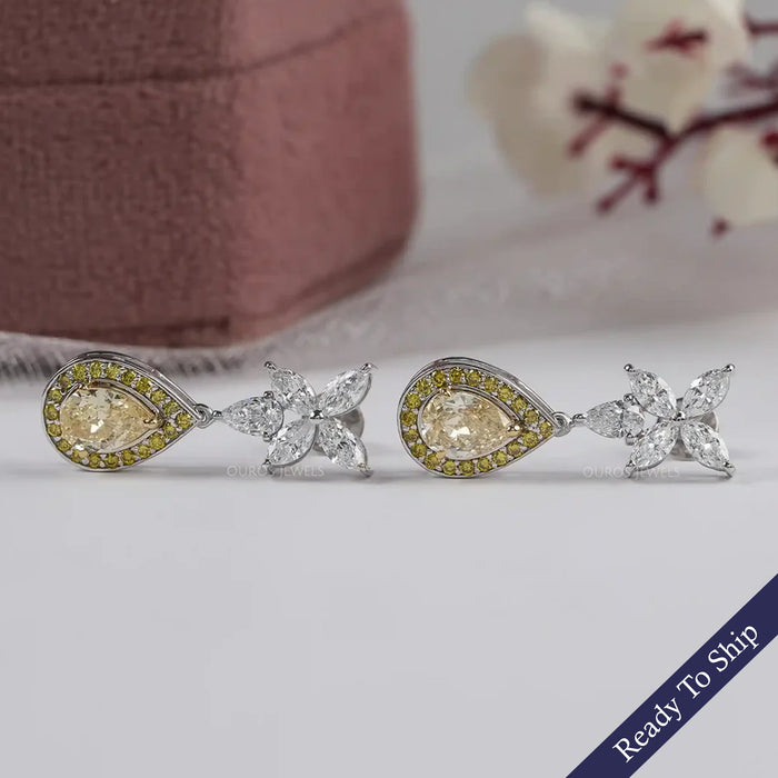 Yellow Pear Diamond Halo Drop Earrings Earrings